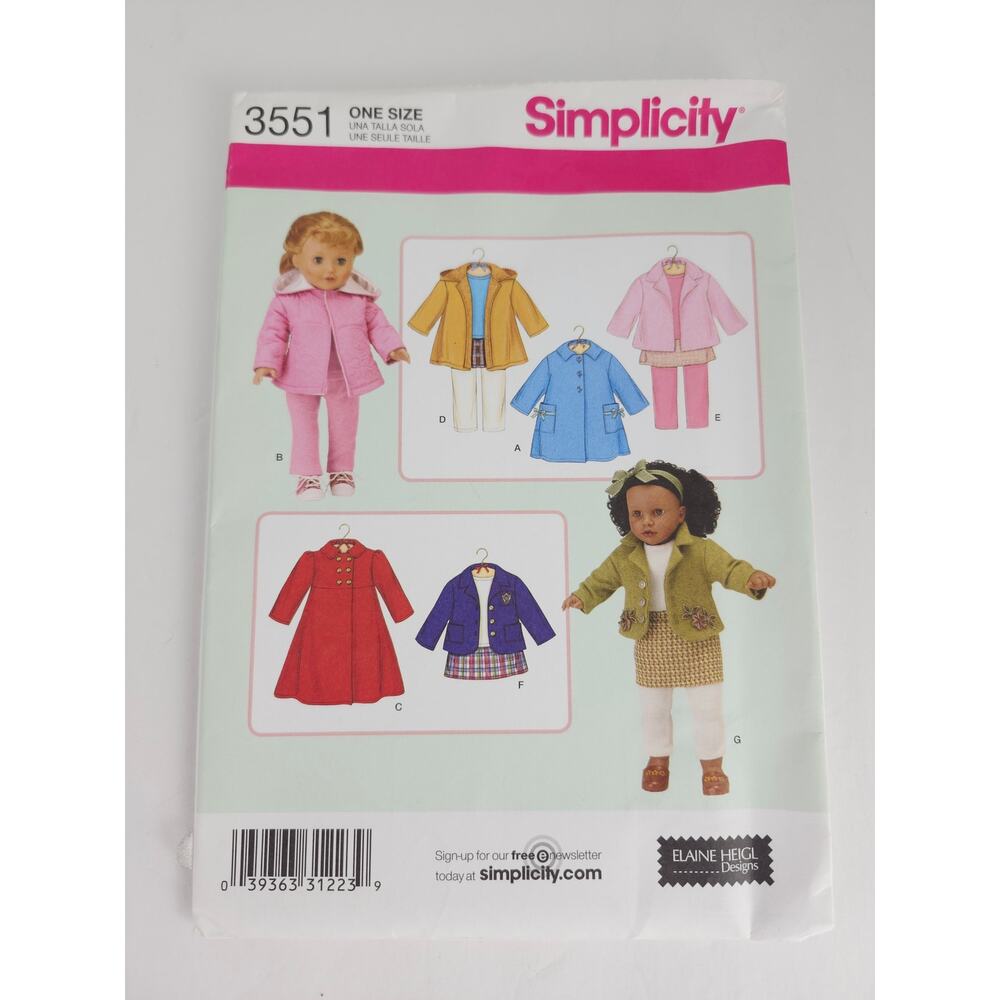 Simplicity 3551 UNCUT Pattern 18" Doll Clothes Elaine Heigl Designs Sewing 2007